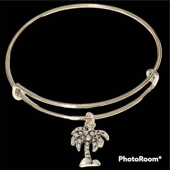 Coconut Palm Tree Charm Bracelet Beach Island Adjustable Silver Plated Wire - Picture 2 of 9